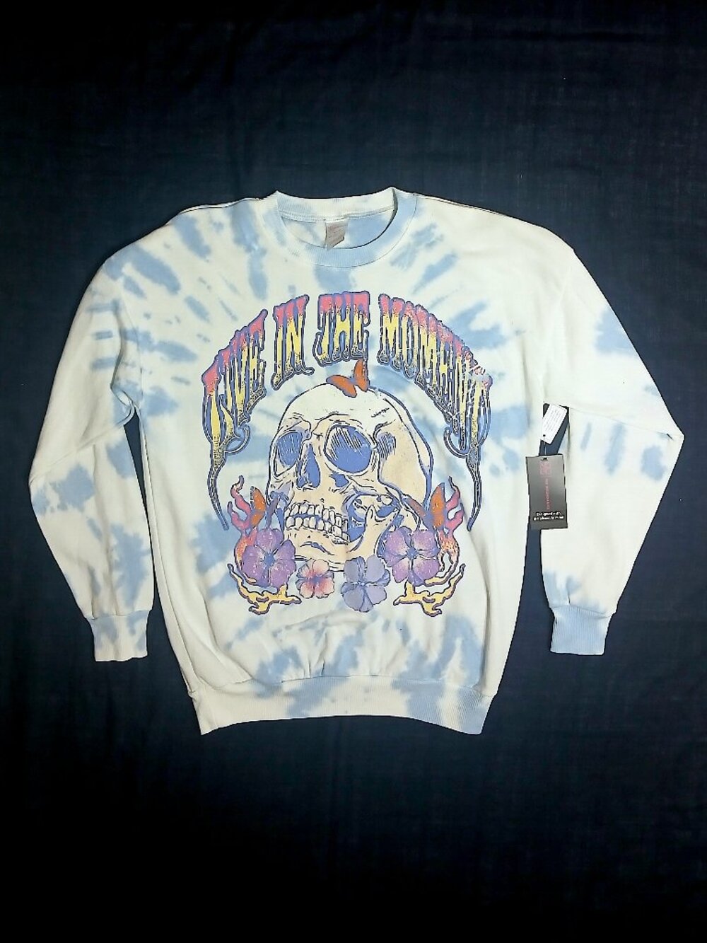 NOBO Blue Tie Dye Skull Graphic Sweatshirt Crewneck Pullover Size S 3-5 NWT Goth